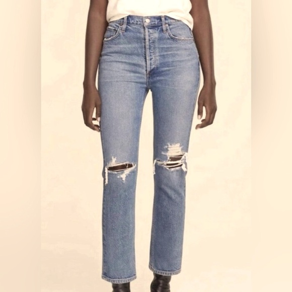 Agolde Riley High Rise Straight cropped .
Distressed Blue Jeans in size 24 W - Picture 1 of 10